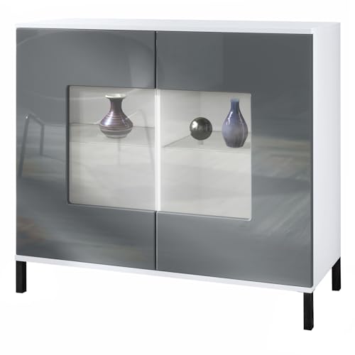 Vladon Kommode Grömitz V3, Moderner Küchenschrank mit 2 großen Glastüren Weiß matt/Grau Hochglanz (92,5 x 83.5 x 35) von Vladon