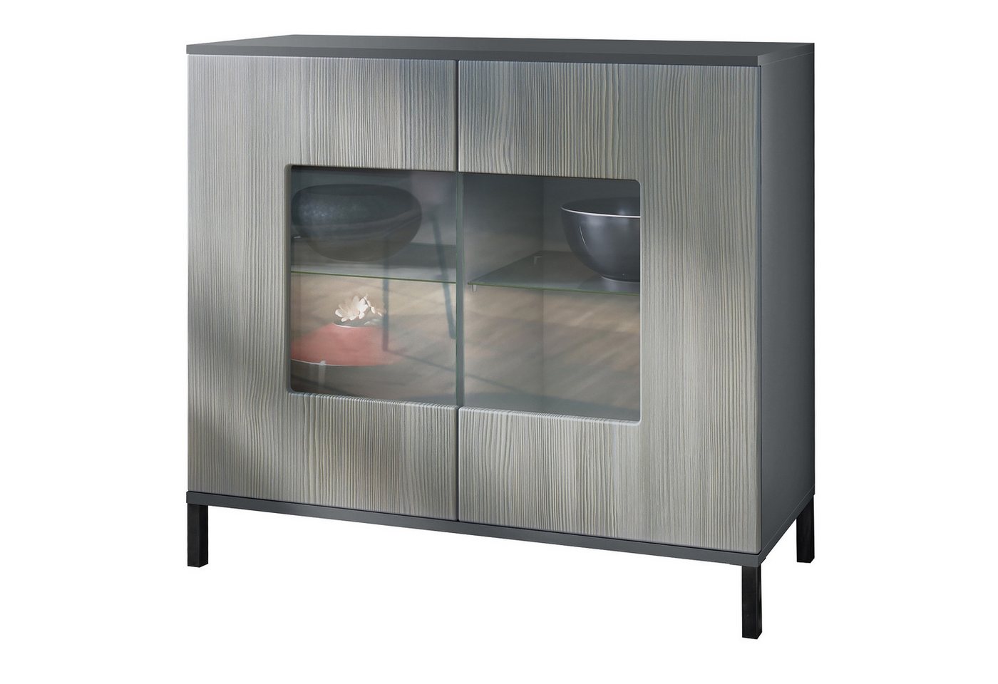 Vladon Kommode Grömitz V3 (Moderner Küchenschrank, mit 2 großen Glastüren), Anthrazit matt / Avola-Anthrazit (92,5 x 83.5 x 35) von Vladon