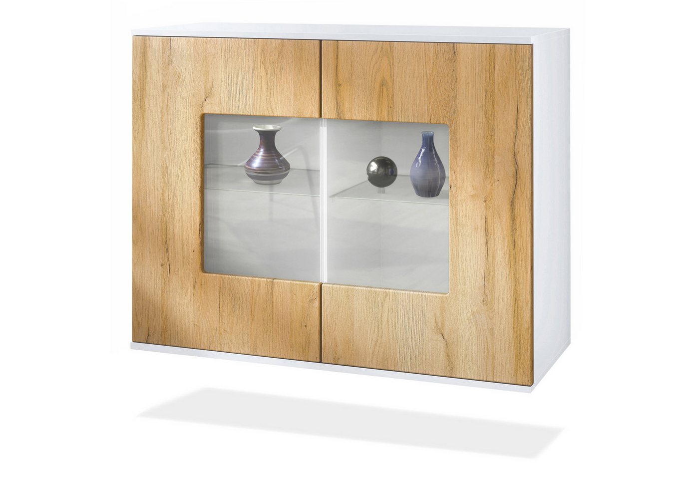 Vladon Kommode Grömitz V3 (Moderner Küchenschrank, mit 2 großen Glastüren), Weiß matt / Eiche Natur (92,5 x 73.5 x 35) von Vladon