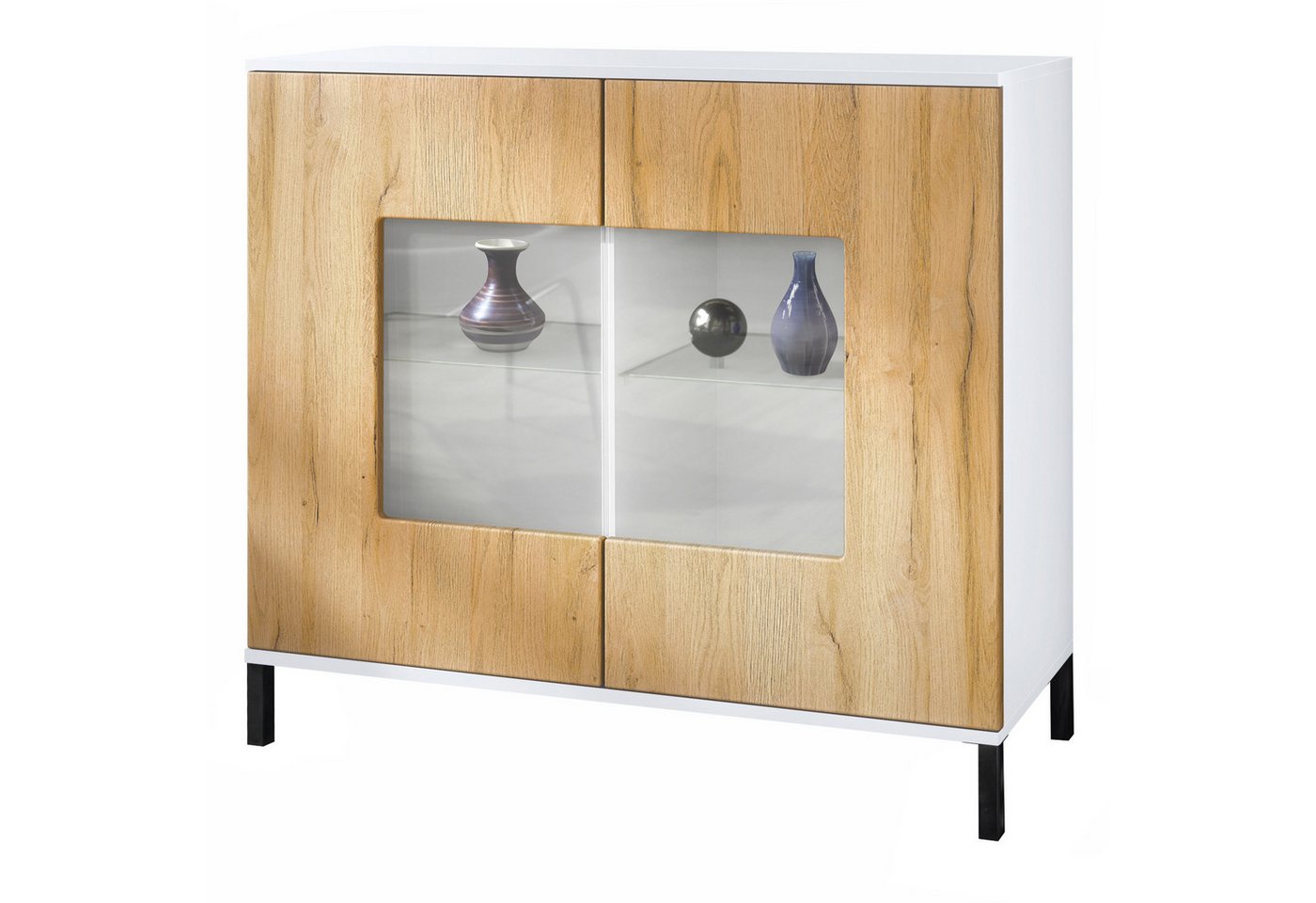 Vladon Kommode Grömitz V3 (Moderner Küchenschrank, mit 2 großen Glastüren), Weiß matt / Eiche Natur (92,5 x 83.5 x 35) von Vladon