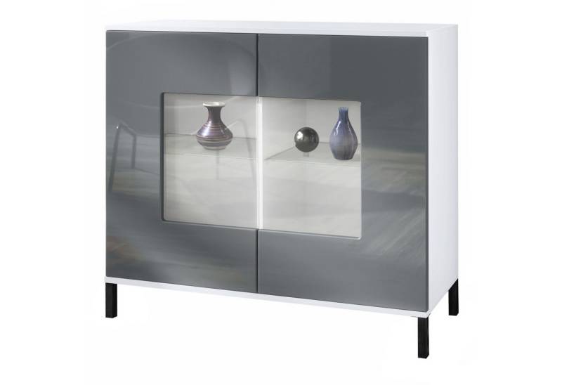 Vladon Kommode Grömitz V3 (Moderner Küchenschrank, mit 2 großen Glastüren), Weiß matt / Grau Hochglanz (92,5 x 83.5 x 35) von Vladon