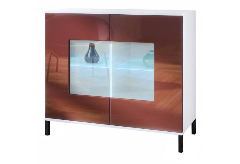 Vladon Kommode Grömitz V3 (Moderner Küchenschrank, mit 2 großen Glastüren inkl. RGB Beleuchtung), Weiß matt / Bordeaux Hochglanz (92,5 x 83.5 x 35) von Vladon