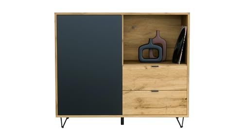 Vladon Kommode Marino, Sideboard mit 1 Tür Schwarz matt und 2 Schubladen Eiche Evoke, Made in Germany, Korpus Eiche Evoke (103 x 90,5 x 37 cm) von Vladon