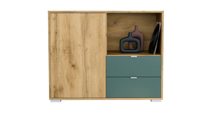 Vladon Kommode Milano (Kommode mit 1 Tür Eiche Evoke, 2 Schubladen Fjord Grün, Made in Germany), Korpus Eiche Evoke (103 x 83 x 37 cm) von Vladon