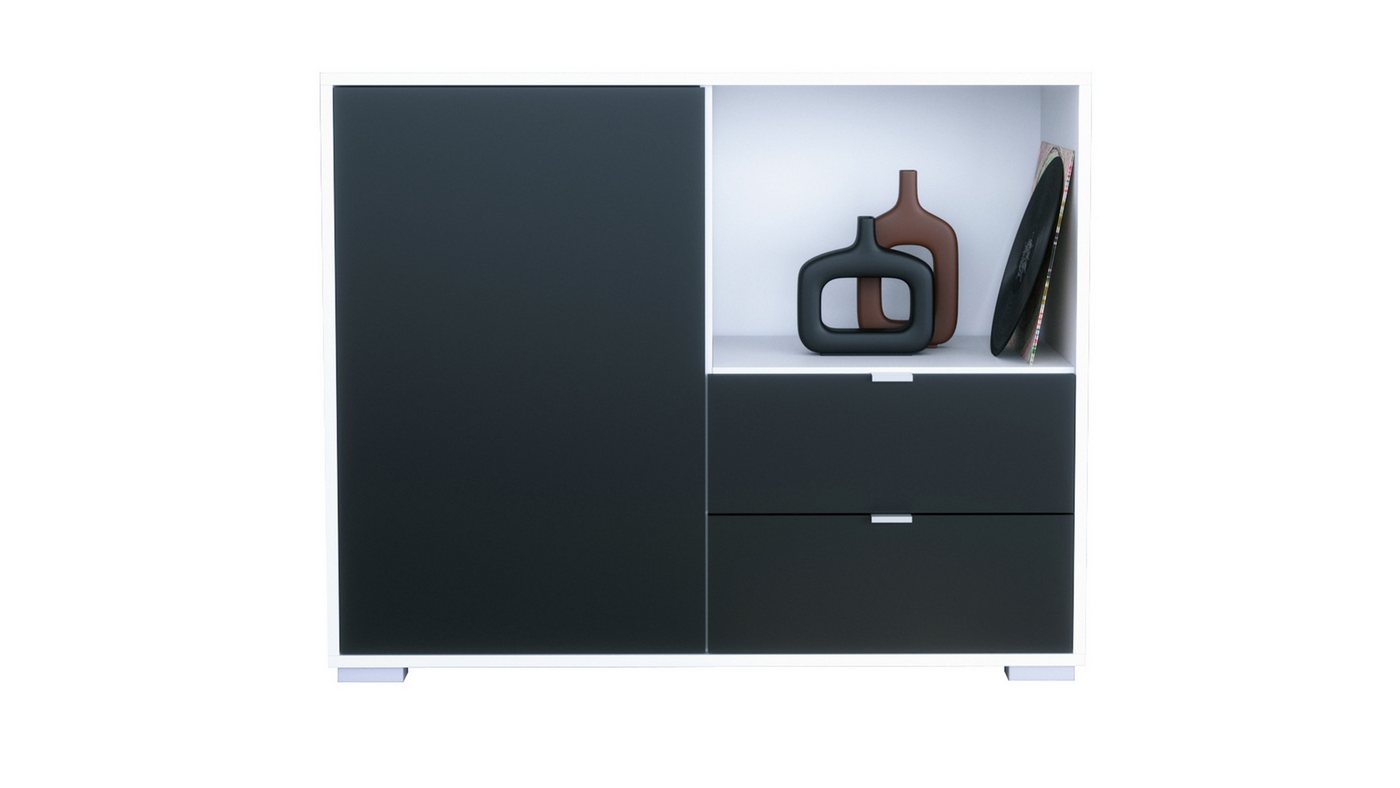Vladon Kommode Milano (Kommode mit 1 Tür Schwarz matt, 2 Schubladen Schwarz matt, Made in Germany), Korpus Weiß matt (103 x 83 x 37 cm) von Vladon