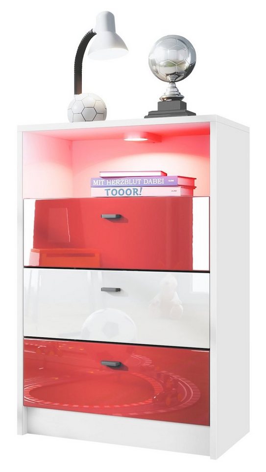 Vladon Kommode Pino (Anrichte, mit 3 Schubladen inkl. RGB LED Beleuchtung), Fußball Bundesliga München - Rot, Weiß & Rot Hochglanz (56x86,5x36 cm) von Vladon