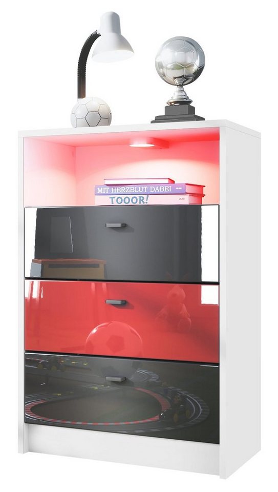 Vladon Kommode Pino (Anrichte, mit 3 Schubladen inkl. RGB LED Beleuchtung), Fußball Leverkusen - Schwarz, Rot & Schwarz glänzend (56x86,5x36 cm) von Vladon