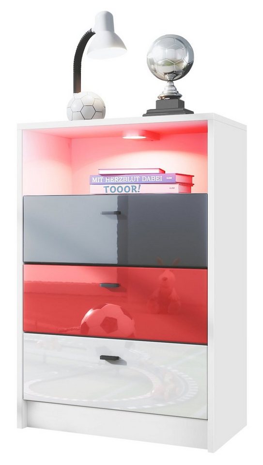 Vladon Kommode Pino (Anrichte, mit 3 Schubladen inkl. RGB LED Beleuchtung), Fußball Liga Frankfurt - Schwarz, Rot & Weiß glänzend (56x86,5x36 cm) von Vladon