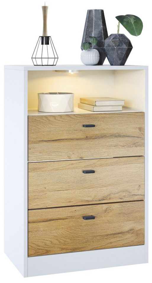 Vladon Kommode Pino V2 (Anrichte, mit 3 Schubladen & 1 offenem Fach mit Beleuchtung), Weiß matt/Eiche Natur (56 x 86,5 x 36 cm) von Vladon