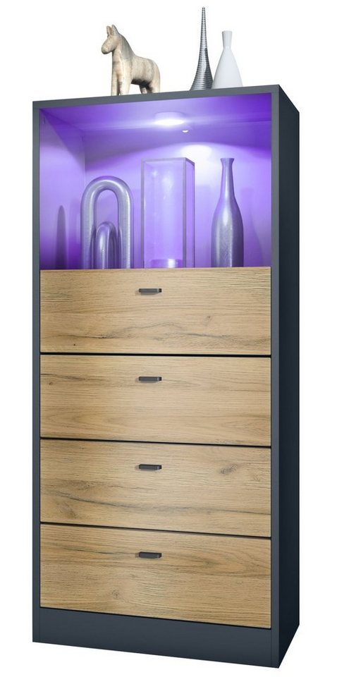Vladon Kommode Pino V3 (Anrichte, mit 4 Schubladen & 1 offenem Fach mit Beleuchtung), Anthrazit matt/Eiche Natur (56 x 125 x 36 cm) von Vladon