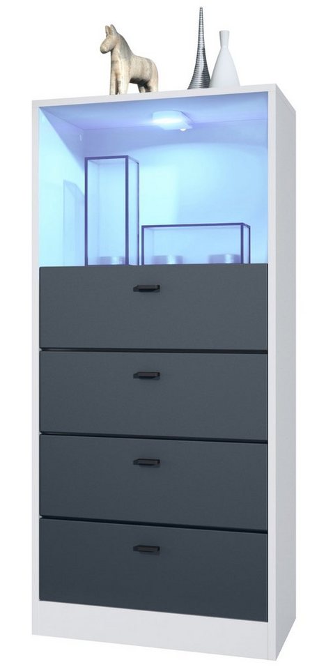 Vladon Kommode Pino V3 (Anrichte, mit 4 Schubladen & 1 offenem Fach mit Beleuchtung), Weiß matt/Anthrazit matt (56 x 125 x 36 cm) von Vladon