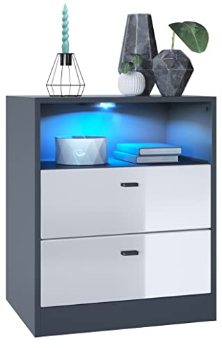Vladon Kommode Pino V1, Made in Germany, Nachttisch mit 2 Schubladen & 1 offenem Fach, Anthrazit matt/Weiß Hochglanz mit LED RGB (56 x 67,5 x 36 cm) von Vladon