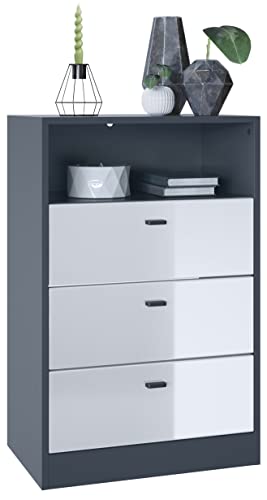 Vladon Kommode Pino V2, Made in Germany, Anrichte mit 3 Schubladen & 1 offenem Fach, Anthrazit matt/Weiß Hochglanz ohne LED (56 x 86,5 x 36 cm) von Vladon