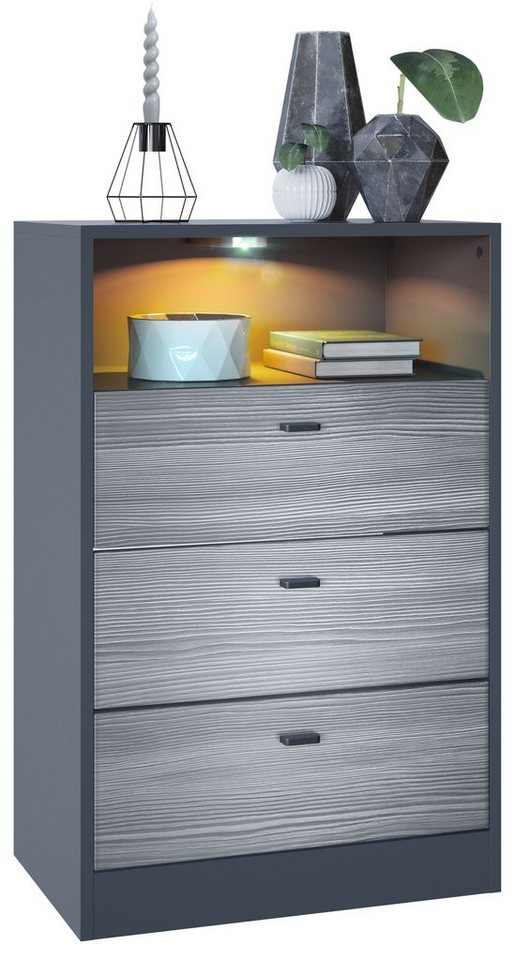 Vladon Kommode Pino V2 (Anrichte, mit 3 Schubladen & 1 offenem Fach mit Beleuchtung), Anthrazit matt/Avola-Anthrazit (56 x 86,5 x 36 cm) von Vladon