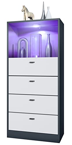 Vladon Kommode Pino V3, Made in Germany, Anrichte mit 4 Schubladen & 1 offenem Fach, Anthrazit matt/Weiß matt mit LED RGB (56 x 125 x 36 cm) von Vladon