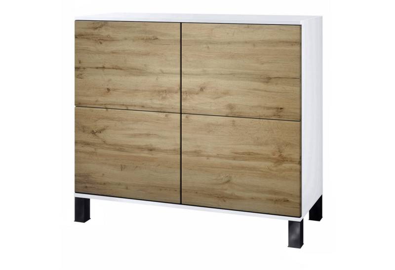 Vladon Kommode Rova V3 (Moderner Küchenschrank, mit 4 Push-to-Open Türen), Weiß matt / Eiche Wotan (92,5 x 84.5 x 35) von Vladon