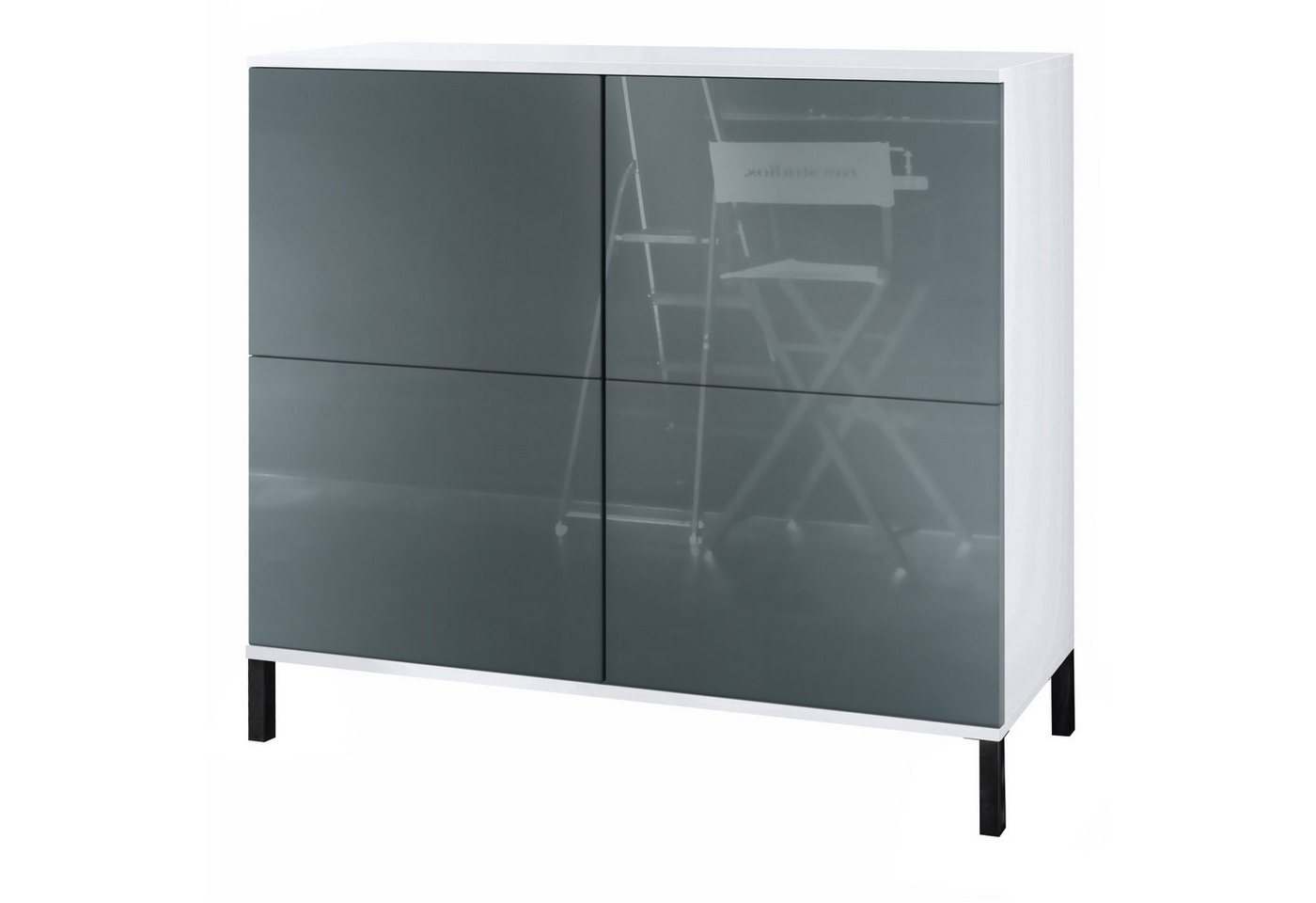 Vladon Kommode Rova V3 (Moderner Küchenschrank, mit 4 Push-to-Open Türen), Weiß matt / Grau Hochglanz (92,5 x 83.5 x 35) von Vladon