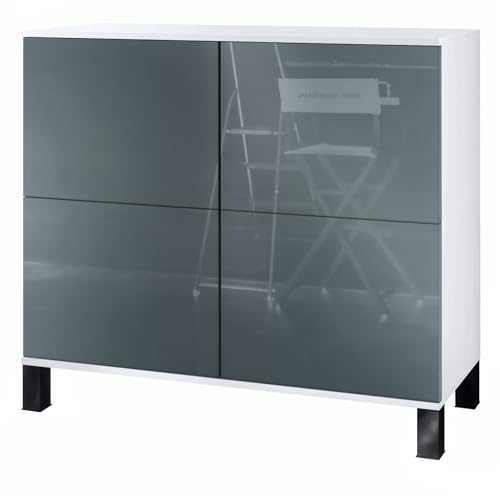 Vladon Kommode Rova V3, Moderner Küchenschrank mit 4 Push-to-Open Türen Weiß matt/Grau Hochglanz (92,5 x 84.5 x 35) von Vladon
