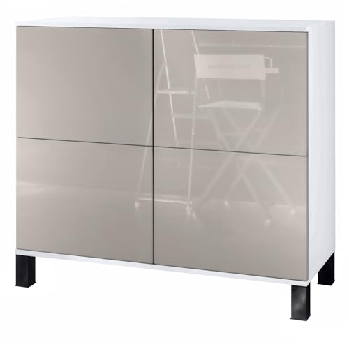 Vladon Kommode Rova V3, Moderner Küchenschrank mit 4 Push-to-Open Türen Weiß matt/Sandgrau Hochglanz (92,5 x 84.5 x 35) von Vladon