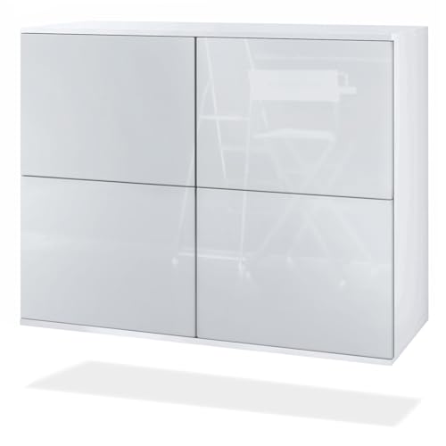 Vladon Kommode Rova V3, Moderner Küchenschrank mit 4 Push-to-Open Türen Weiß matt/Weiß Hochglanz (92,5 x 73.5 x 35) von Vladon