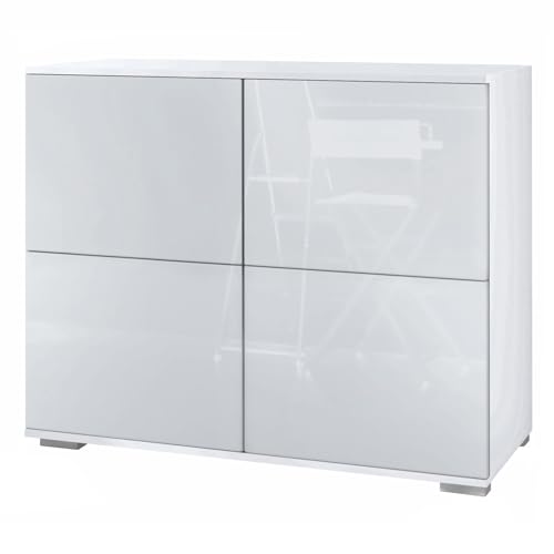 Vladon Kommode Rova V3, Moderner Küchenschrank mit 4 Push-to-Open Türen Weiß matt/Weiß Hochglanz (92,5 x 75.5 x 35) von Vladon