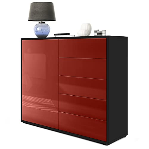 Vladon Sideboard Ben V2, Made in Germany, Kommode mit 1 Tür und 5 Schubladen, Schwarz matt/Bordeaux Hochglanz (79 x 74 x 36 cm) von Vladon