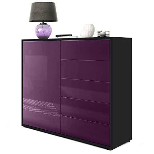 Vladon Sideboard Ben V2, Made in Germany, Kommode mit 1 Tür und 5 Schubladen, Schwarz matt/Brombeer Hochglanz (79 x 74 x 36 cm) von Vladon