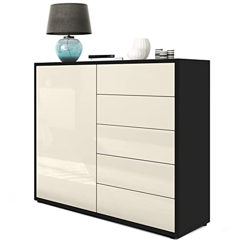 Vladon Sideboard Ben V2, Made in Germany, Kommode mit 1 Tür und 5 Schubladen, Schwarz matt/Creme Hochglanz (79 x 74 x 36 cm) von Vladon