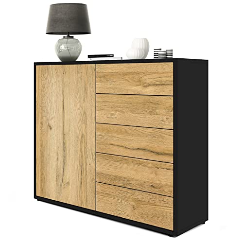 Vladon Sideboard Ben V2, Made in Germany, Kommode mit 1 Tür und 5 Schubladen, Schwarz matt/Eiche Natur (79 x 74 x 36 cm) von Vladon