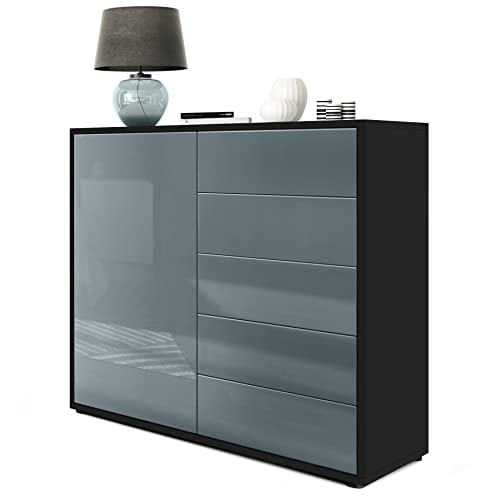 Vladon Sideboard Ben V2, Made in Germany, Kommode mit 1 Tür und 5 Schubladen, Schwarz matt/Grau Hochglanz (79 x 74 x 36 cm) von Vladon