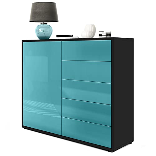 Vladon Sideboard Ben V2, Made in Germany, Kommode mit 1 Tür und 5 Schubladen, Schwarz matt/Petrol Hochglanz (79 x 74 x 36 cm) von Vladon