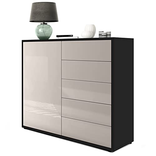 Vladon Sideboard Ben V2, Made in Germany, Kommode mit 1 Tür und 5 Schubladen, Schwarz matt/Sandgrau Hochglanz (79 x 74 x 36 cm) von Vladon