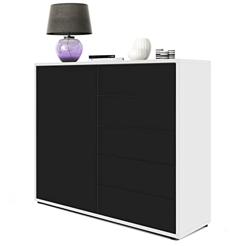 Vladon Sideboard Ben V2, Made in Germany, Kommode mit 1 Tür und 5 Schubladen, Weiß Hochglanz/Schwarz matt (79 x 74 x 36 cm) von Vladon