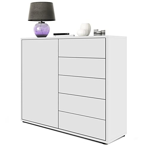 Vladon Sideboard Ben V2, Made in Germany, Kommode mit 1 Tür und 5 Schubladen, Weiß matt/Weiß matt (79 x 74 x 36 cm) von Vladon