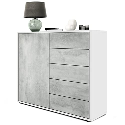 Vladon Sideboard Ben V2, Made in Germany, Kommode mit 1 Tür und 5 Schubladen, Weiß matt/Beton Oxid-Optik (79 x 74 x 36 cm) von Vladon