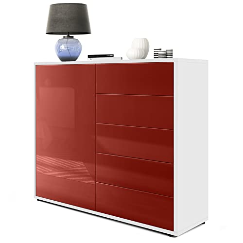 Vladon Sideboard Ben V2, Made in Germany, Kommode mit 1 Tür und 5 Schubladen, Weiß matt/Bordeaux Hochglanz (79 x 74 x 36 cm) von Vladon