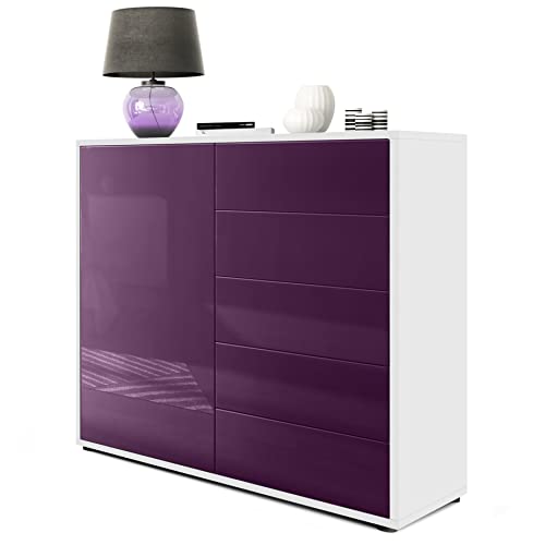 Vladon Sideboard Ben V2, Made in Germany, Kommode mit 1 Tür und 5 Schubladen, Weiß matt/Brombeer Hochglanz (79 x 74 x 36 cm) von Vladon