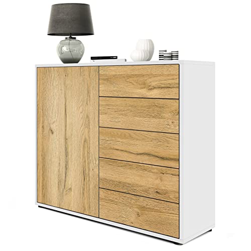 Vladon Sideboard Ben V2, Made in Germany, Kommode mit 1 Tür und 5 Schubladen, Weiß matt/Eiche Natur (79 x 74 x 36 cm) von Vladon