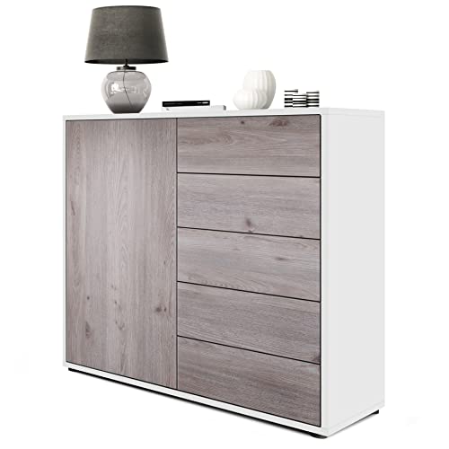 Vladon Sideboard Ben V2, Made in Germany, Kommode mit 1 Tür und 5 Schubladen, Weiß matt/Eiche Nordic (79 x 74 x 36 cm) von Vladon