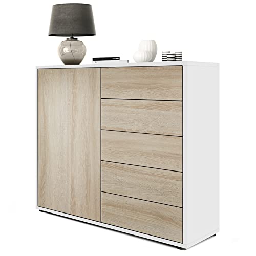 Vladon Sideboard Ben V2, Made in Germany, Kommode mit 1 Tür und 5 Schubladen, Weiß matt/Eiche Sägegrau (79 x 74 x 36 cm) von Vladon