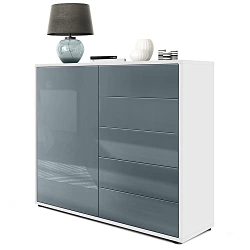 Vladon Sideboard Ben V2, Made in Germany, Kommode mit 1 Tür und 5 Schubladen, Weiß matt/Grau Hochglanz (79 x 74 x 36 cm) von Vladon