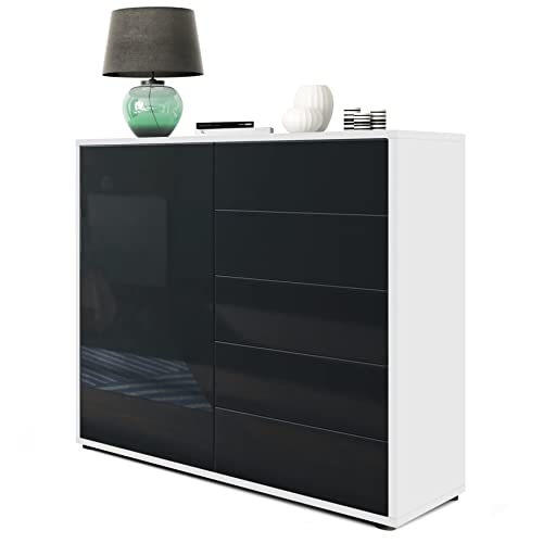 Vladon Sideboard Ben V2, Made in Germany, Kommode mit 1 Tür und 5 Schubladen, Weiß matt/Schwarz Hochglanz (79 x 74 x 36 cm) von Vladon