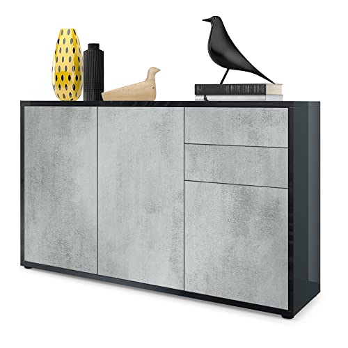 Vladon Sideboard Ben V3, Kommode mit 3 Türen und 2 Schubladen, Schwarz Hochglanz/Beton Oxid-Optik (117 x 74 x 36 cm) von Vladon