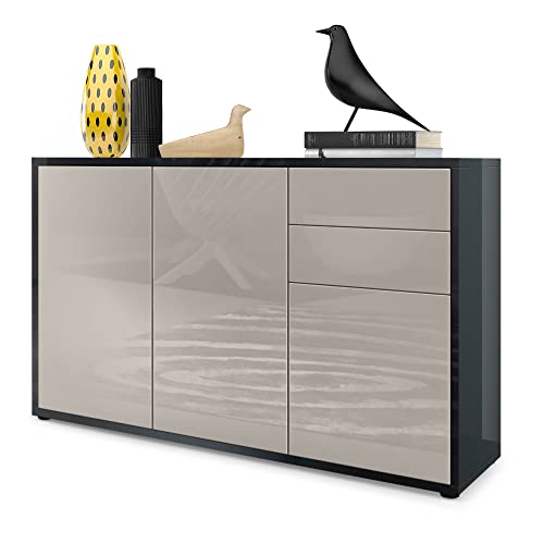 Vladon Sideboard Ben V3, Kommode mit 3 Türen und 2 Schubladen, Schwarz Hochglanz/Sandgrau Hochglanz (117 x 74 x 36 cm) von Vladon