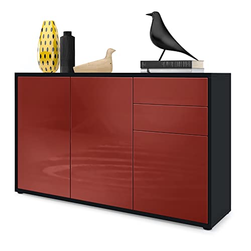 Vladon Sideboard Ben V3, Kommode mit 3 Türen und 2 Schubladen, Schwarz matt/Bordeaux Hochglanz (117 x 74 x 36 cm) von Vladon