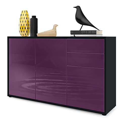 Vladon Sideboard Ben V3, Kommode mit 3 Türen und 2 Schubladen, Schwarz matt/Brombeer Hochglanz (117 x 74 x 36 cm) von Vladon