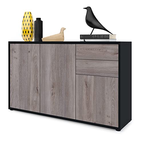 Vladon Sideboard Ben V3, Kommode mit 3 Türen und 2 Schubladen, Schwarz matt/Eiche Nordic (117 x 74 x 36 cm) von Vladon