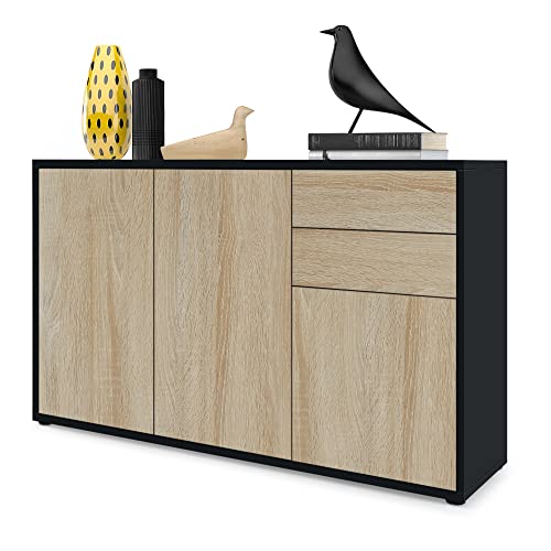 Vladon Sideboard Ben V3, Kommode mit 3 Türen und 2 Schubladen, Schwarz matt/Eiche Sägegrau (117 x 74 x 36 cm) von Vladon