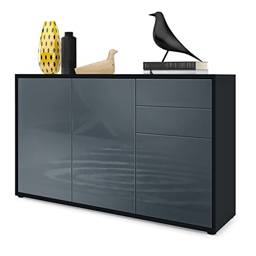 Vladon Sideboard Ben V3, Kommode mit 3 Türen und 2 Schubladen, Schwarz matt/Grau Hochglanz (117 x 74 x 36 cm) von Vladon