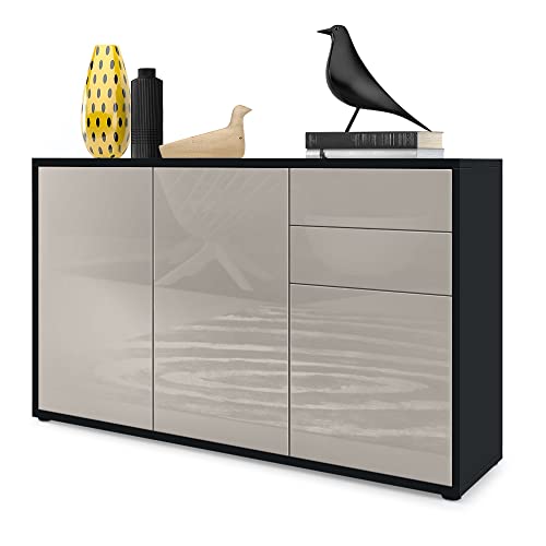 Vladon Sideboard Ben V3, Kommode mit 3 Türen und 2 Schubladen, Schwarz matt/Sandgrau Hochglanz (117 x 74 x 36 cm) von Vladon